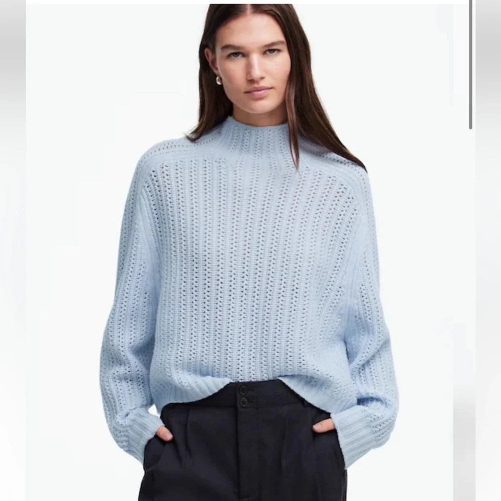Madewell Pointelle-Stitch Mockneck Blue Sweater Size S . Style NU915